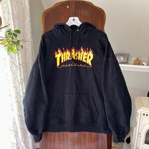 Vtg Thrasher Magazine Flames Hoodie Men's XL Y2K Black Skate Skateboard